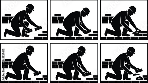 Silhouette of a bricklayer working in six sequential panels construction worker