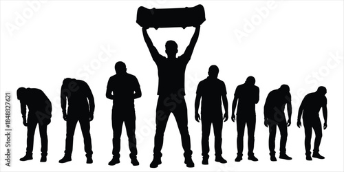 Silhouette of a man holding a skateboard above his head with other men in silhouette with heads down