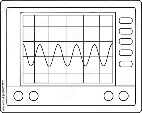 Oscilloscope device with analog sine wave display line art for minimalist scientific design illustration
