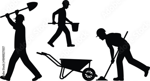 Silhouettes of construction workers with tools and a wheelbarrow on a white background Keywords: construction, worker
