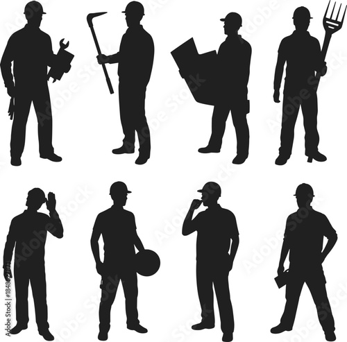 Silhouettes of construction workers with tools and blueprints on white background people