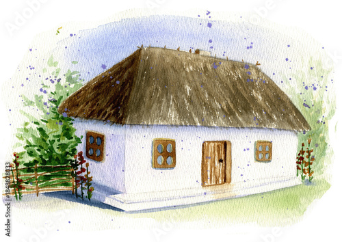 Traditional Ukrainian cottage with a thatched roof, hand-painted in watercolor. Features white clay walls, wooden door, and rustic fence. Charming ethnic architecture with artistic paint splashes.