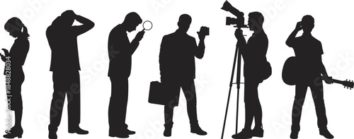 Silhouettes of people engaged in various activities like photography and music woman photographer