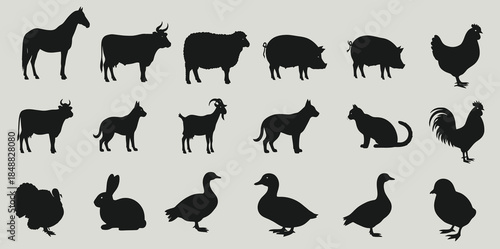Black silhouettes of various farm and domestic animals