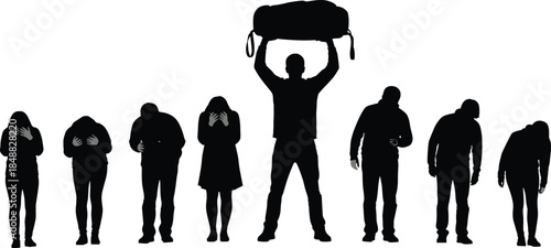 Silhouettes of people with varying postures and one person holding a large bag overhead group woman