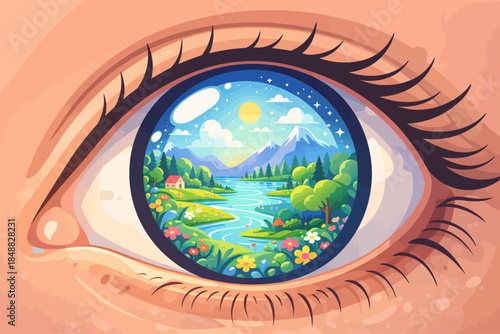 A surreal illustration of a human eye reflecting the planet Earth, symbolizing awareness, environmental consciousness, vision, and global perspective