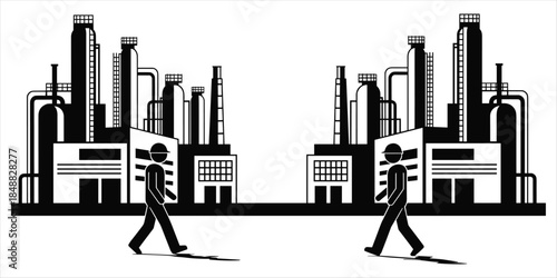 Two stick figures walking towards industrial factory buildings person male