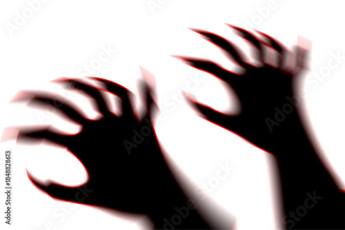 Shadow overlay effect for halloween background with Terrifying scary hands with long nails, Creepy monster claw, silhouette of hands transparent background, zombie hand rising out of a graveyard 
