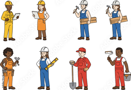 Cartoon Construction Workers with Tools in Uniforms – Diverse Tradespeople Characters for Building, Repair, Painting, Engineering, and Manual Labor Themes