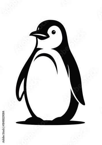 Simple black and white illustration of a standing penguin, a cute and iconic arctic bird.