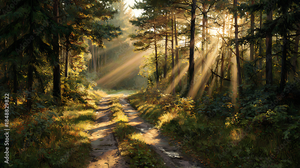 Obraz premium Forest Path Bathed in Golden Sunlight with Rays Through Trees