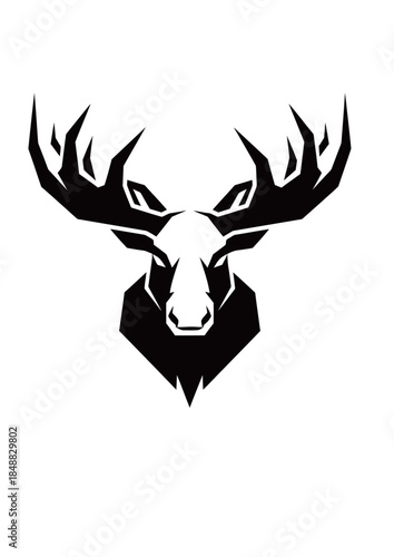 A striking black and white graphic illustration of a moose head with large antlers.