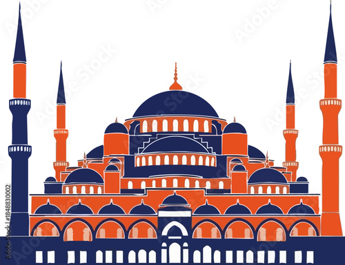 WebStylized illustration of the Sultan Ahmed Mosque in Istanbul featuring prominent domes and minarets against black