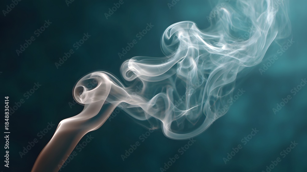 Fototapeta premium Ethereal wisps of white smoke gracefully swirl and rise against a dark moody teal background evoking a sense of calm and mystery