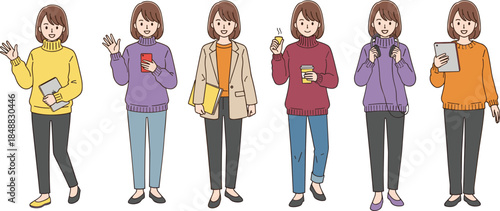 Cartoon woman in various outfits and poses holding office items, coffee, tablet, and snack for daily lifestyle vector illustration