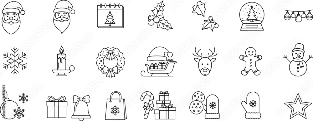 Fototapeta premium Christmas and Winter Holiday Line Icons Set Featuring Santa, Snowman, Reindeer, Gifts, Decorations, Cookies, Wreath, and Seasonal Symbols