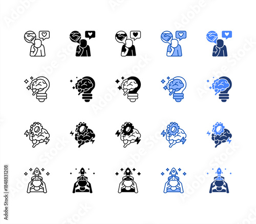 Thinking, Imagination, Logical thinking, Brainstorming multiple style icon set.
