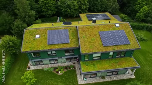 An aerial view of a modern house featuring a vibrant green living roof and multiple solar panels, surrounded by lush green trees and a well-maintained lawn.