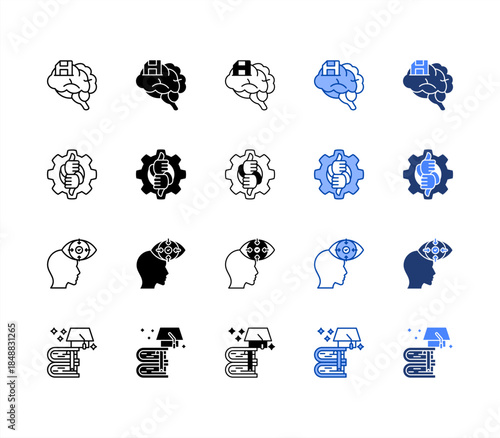 Memory, Education, Concentration, Abilities multiple style icon set.