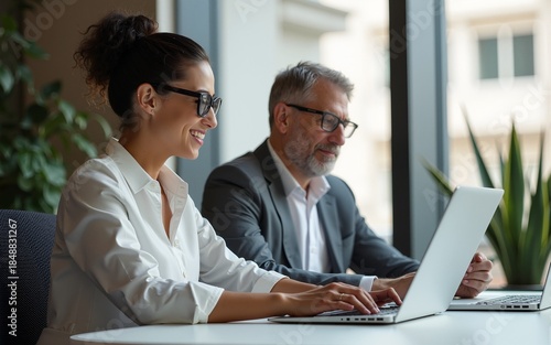 Middle age man and woman business workers using laptop working at office. High quality. High quality