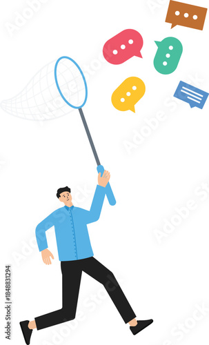 communication management and PR public relations, handling public comments or social criticism, meeting summary or discussion talk conversation, businessman managing speech bubble balloon. See Less
