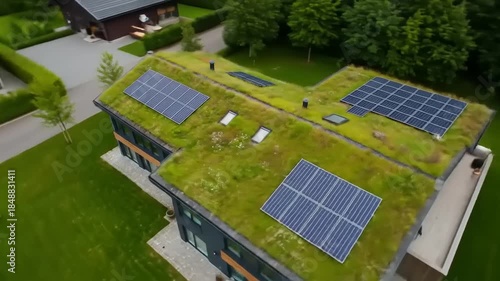 Aerial view of a modern house featuring a vibrant green roof with multiple solar panels, surrounded by lush green lawn.