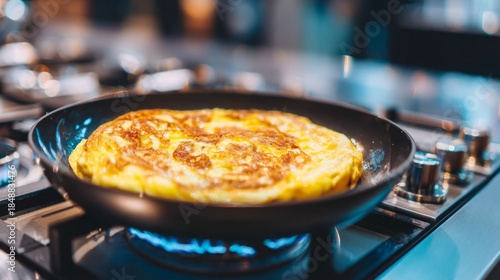 A delicious omelette is cooking in a black frying pan on a shiny stovetop. The kitchen is bright and inviting, filled with warm colors and morning light