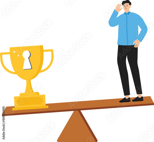 Social comparison anxiety discouraged from failure, loser or self motivation problem, comparing yourself to others, man standing on his hands comparing other side to fellow winners. See Less
