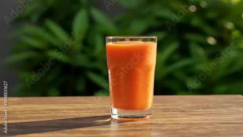 A tall glass of fresh orange juice sits on a wooden table with green foliage in the soft natural light.