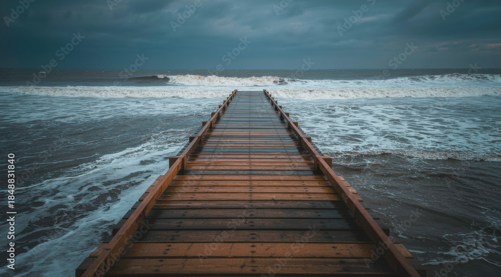 Obraz premium Wooden pier in tropical sea. Wooden pier pointing to pristine island in tropical sea. Concept of simplicity, purpose, direction and infinity.