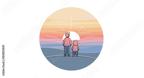 Adult and child observing sunset together on horizon with mountains  
