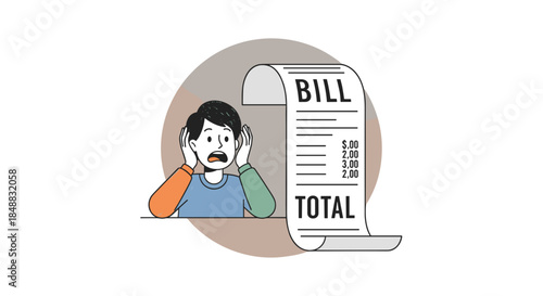 Worried man holding his head, looking at long bill on table  