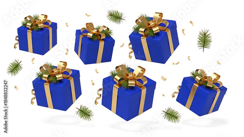 A collection of floating blue gift boxes decorated with golden bows and festive foliage isolated on transparent background