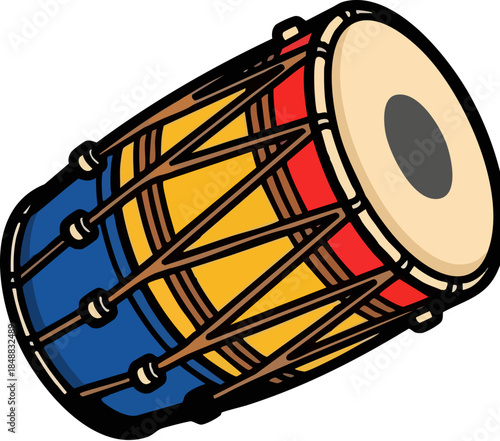 WebTraditional colorful dhol drum percussion instrument isolated on a solid black background for music