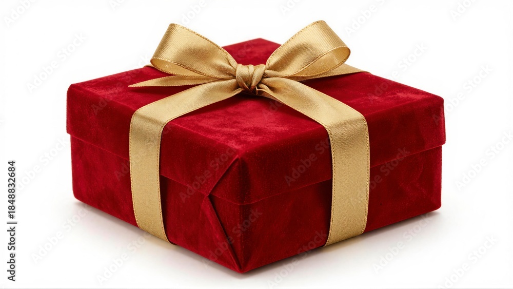 Fototapeta premium A plush red gift box adorned with a luxurious gold ribbon, perfect for any celebration.