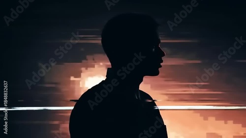 Silhouette of a man in profile against a dark, glitched background with horizontal light streaks.