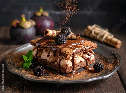 Eine köstliche Mille-Feuille aus knusprigem dunklem Blätterteig auf einem nostalgischen Dessertteller mit flüssiger Schokolade überzogen und mit dunkler Schokoladenmousse gefüllt