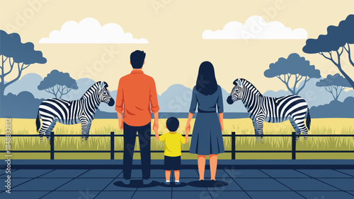 Family enjoying a day at the zoo, observing zebras behind a fence with a scenic savanna background and distant trees