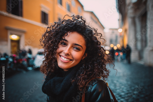 Fototapeta Naklejka Na Ścianę i Meble -  Portrait of young woman with curly hair in the city, streets of Rome