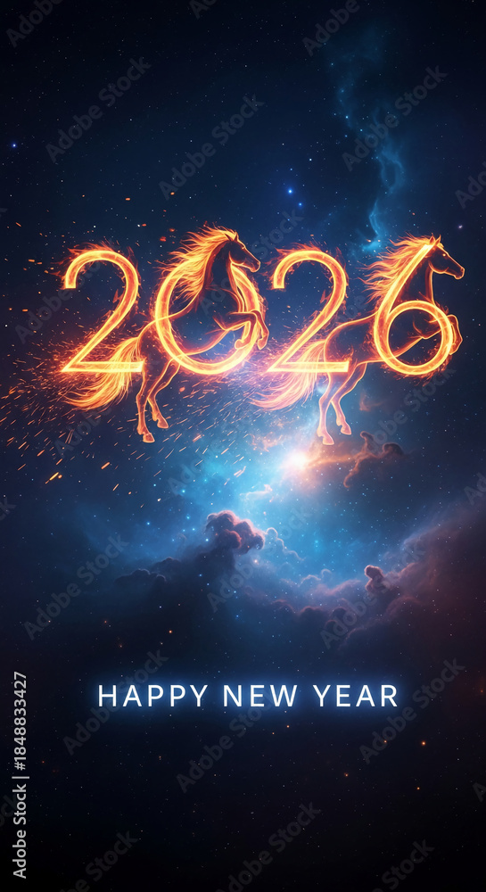 Fototapeta premium Digital artwork featuring fiery horse-shaped numbers 