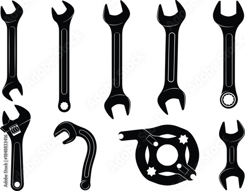 Detailed vector illustration collection of assorted wrenches and mechanic tools, featuring adjustable equipment silhouettes for professional workshop use, maintenance projects, and engine