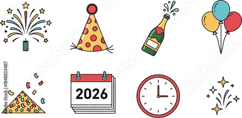 Collection of colorful flat design icons representing new year celebration elements like fireworks party hat champagne clock and calendar date 2026