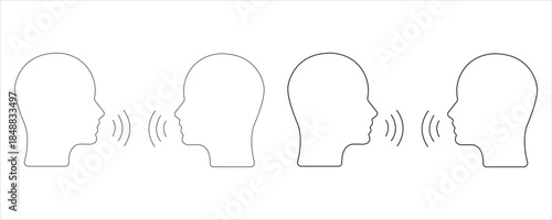 Conceptual vector art depicting two pairs of heads in profile with sound waves emanating between them symbolizing communication, conversation, dialogue, or speech, isolated on transparent background