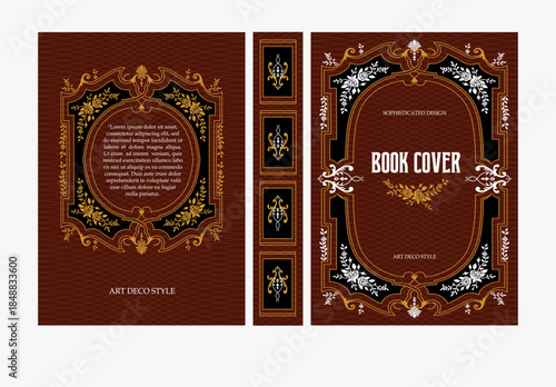 Classic vintage book cover and spine with gold and black art deco, art nouveau ornament, decorative frame, elegant retro style for classic publications, posters, artistic layouts
