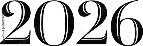 Elegant black serif typography displaying the year 2026 with subtle drop shadows against a clean white background for design projects