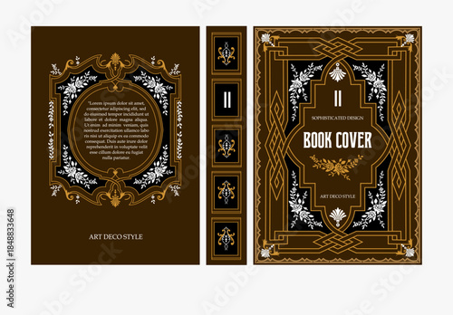 Classic vintage book cover and spine with gold and black art deco, art nouveau ornament, decorative frame, elegant retro style for classic publications, posters, artistic layouts