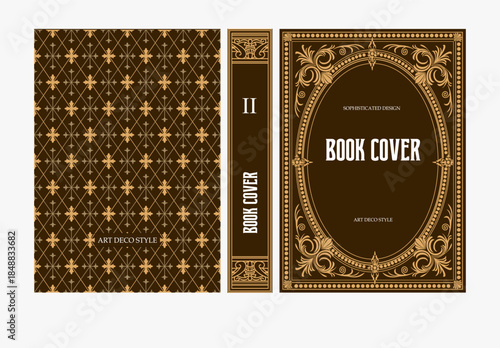 Classic vintage book cover and spine with gold and black art deco, art nouveau ornament, decorative frame, elegant retro style for classic publications, posters, artistic layouts
