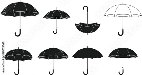 Elegant vector collection of umbrella silhouettes featuring open and closed styles, classic curved handles, rain protection shapes, and minimal black design elements for weather illustrations