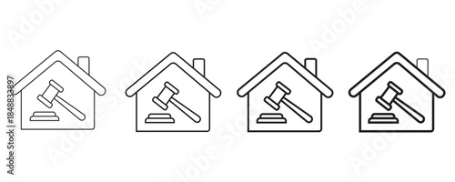 House with gavel and sound block icon variations isolated on transparent background representing legal property decisions auction or real estate law concept