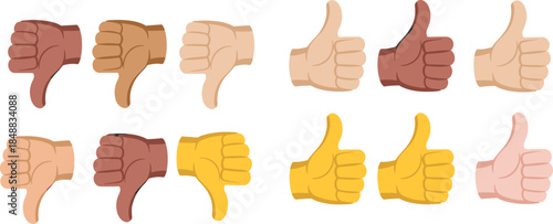 Thumbs up and thumbs down hand gesture icons set diverse skin tones approval disapproval vector illustration